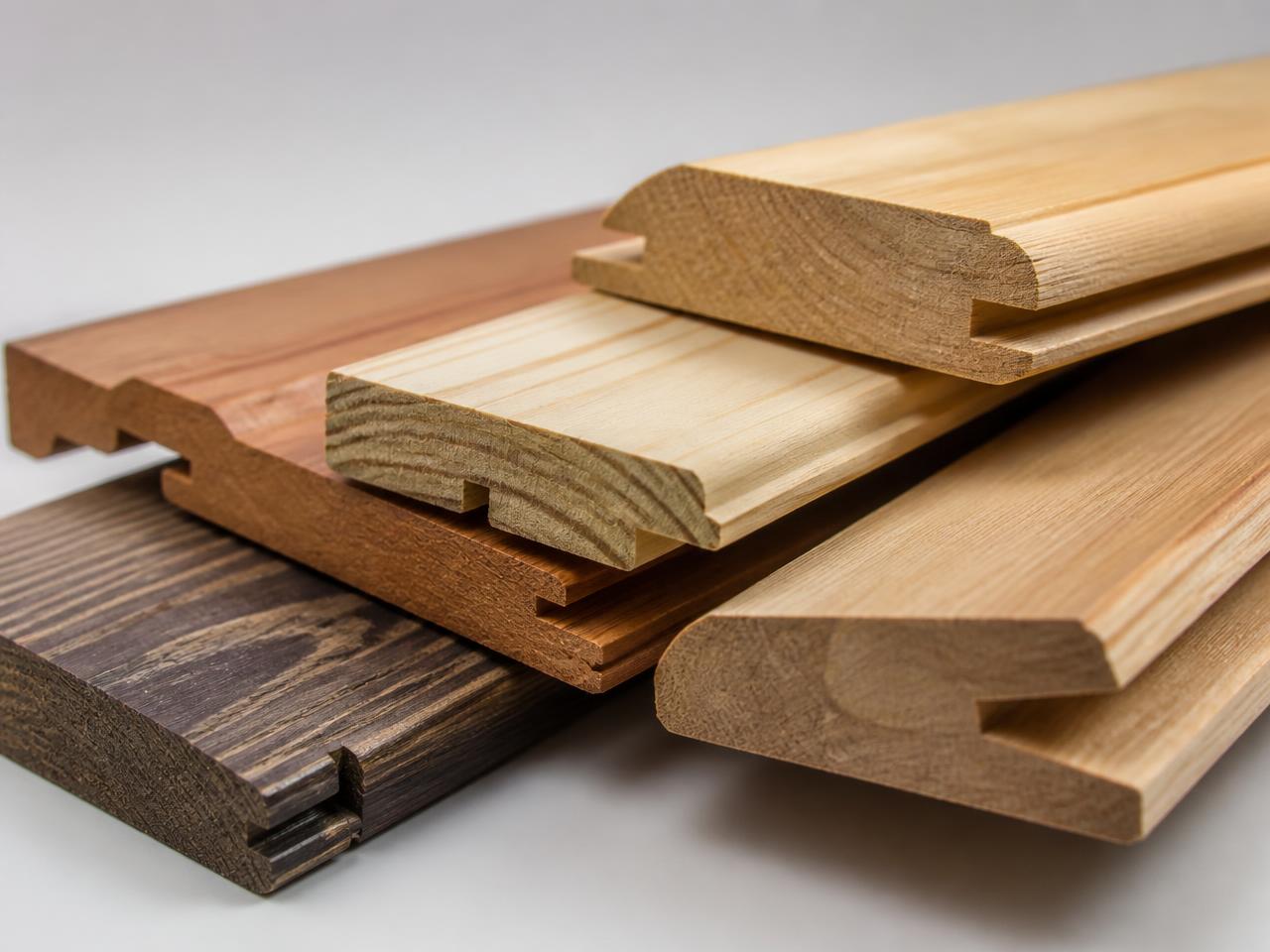 Stack of custom milled wood profiles showing tongue and groove and shiplap edges