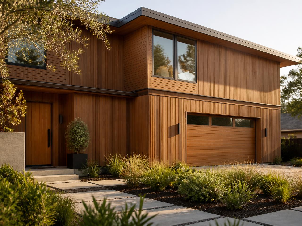 Modern home clad in custom milled wood siding